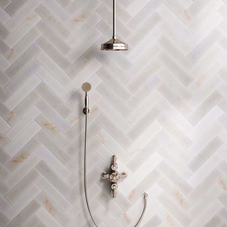 Calder Dual Outlet Shower Kit - Semi-Exposed Valve - 8 inch Rose - Metal Lever - Handshower Hook - Ceiling Mounted Rose - Polished Nickel