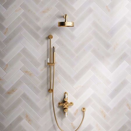 Elbe Dual Outlet Shower Kit - Semi-Exposed Valve - White Ceramic Lever - Handshower Slider-Rail - Brushed Brass