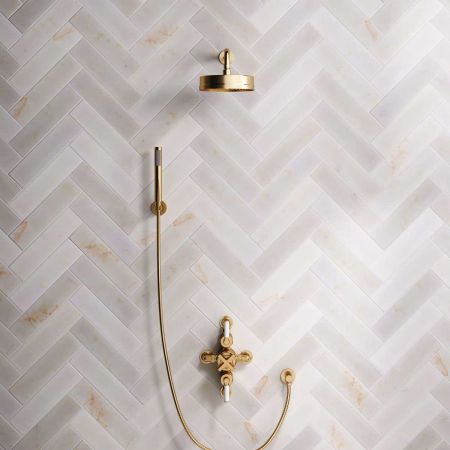 Elbe Dual Outlet Shower Kit - Semi-Exposed Valve - White Ceramic Lever - Handshower Hook - Brushed Brass