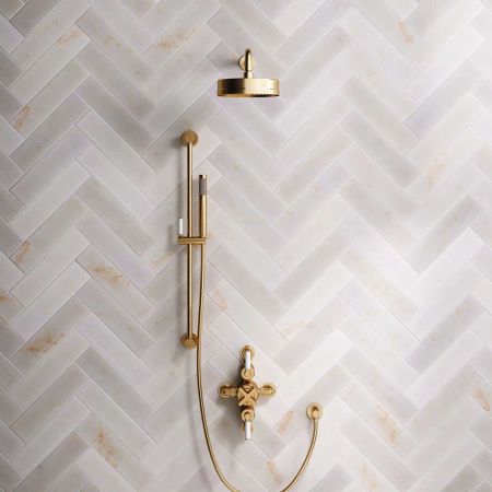 Elbe Dual Outlet Shower Kit - Semi-Exposed Valve - White Ceramic Lever - Handshower Slider-Rail - Brushed Brass