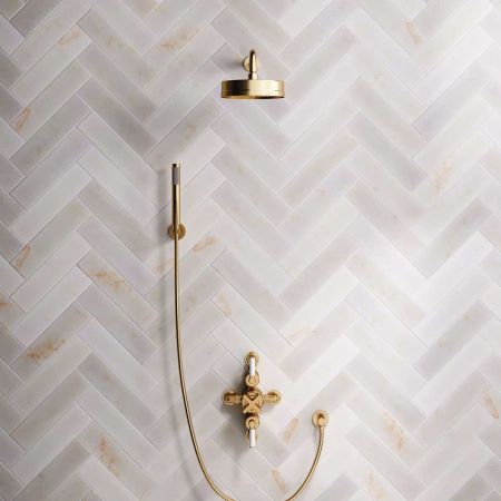 Elbe Dual Outlet Shower Kit - Semi-Exposed Valve - White Ceramic Lever - Handshower Hook - Brushed Brass