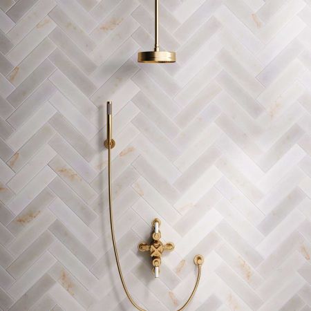 Elbe Dual Outlet Shower Kit - Semi-Exposed Valve - White Ceramic Lever - Handshower Hook - Ceiling Mounted Rose - Brushed Brass