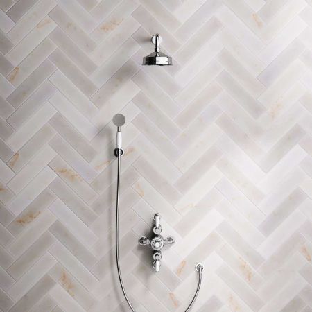 Calder Dual Outlet Shower Kit - Semi-Exposed Valve - 6 inch Rose - White Ceramic Lever - Handshower Hook - Chrome Finish