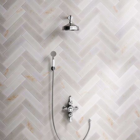 Calder Dual Outlet Shower Kit - Semi-Exposed Valve - 8 inch Rose - White Ceramic Lever - Handshower Hook - Chrome Finish