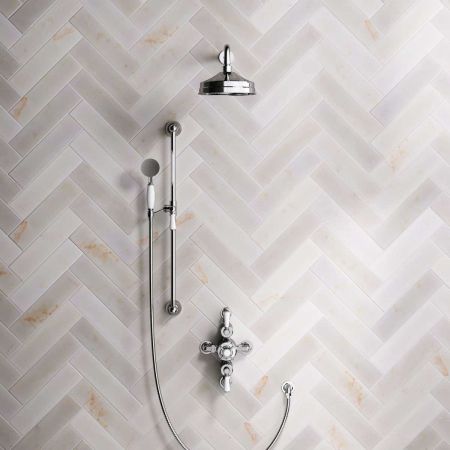 Calder Dual Outlet Shower Kit - Semi-Exposed Valve - 8 inch Rose - White Ceramic Lever - Handshower Slider-Rail - Chrome Finish