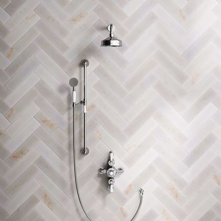 Calder Dual Outlet Shower Kit - Semi-Exposed Valve - 6 inch Rose - White Ceramic Lever - Handshower Slider-Rail - Ceiling Mounted Rose - Chrome Finish