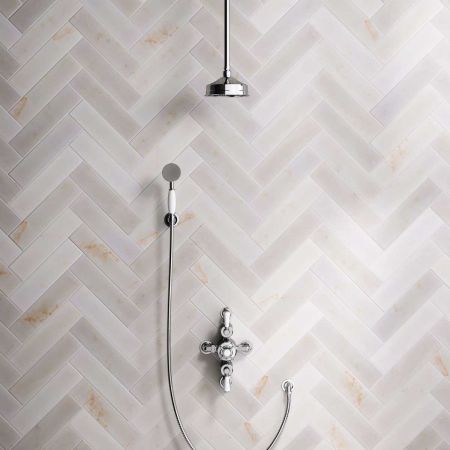 Calder Dual Outlet Shower Kit - Semi-Exposed Valve - 6 inch Rose - White Ceramic Lever - Handshower Hook - Ceiling Mounted Rose - Chrome Finish