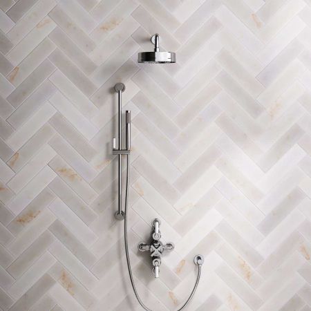 Elbe Dual Outlet Shower Kit - Semi-Exposed Valve - White Ceramic Lever - Handshower Slider-Rail - Chrome Finish