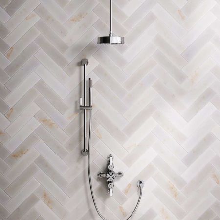 Elbe Dual Outlet Shower Kit - Semi-Exposed Valve - White Ceramic Lever - Handshower Slider-Rail - Ceiling Mounted Rose - Chrome Finish