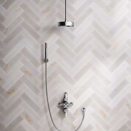 Elbe Dual Outlet Shower Kit - Semi-Exposed Valve - White Ceramic Lever - Handshower Hook - Ceiling Mounted Rose - Chrome Finish