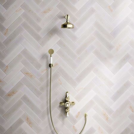 Calder Dual Outlet Shower Kit - Semi-Exposed Valve - 6 inch Rose - White Ceramic Lever - Handshower Hook - Gold