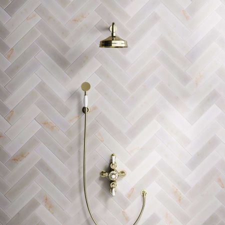 Calder Dual Outlet Shower Kit - Semi-Exposed Valve - 8 inch Rose - 500mm Shower Arm - White Ceramic Lever - Handshower Hook - Gold