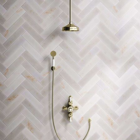 Calder Dual Outlet Shower Kit - Semi-Exposed Valve - 8 inch Rose - White Ceramic Lever - Handshower Hook - Ceiling Mounted Rose - Gold