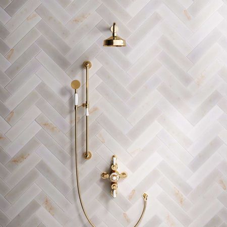 Calder Dual Outlet Shower Kit - Semi-Exposed Valve - 6 inch Rose - White Ceramic Lever - Handshower Slider-Rail - Polished Brass