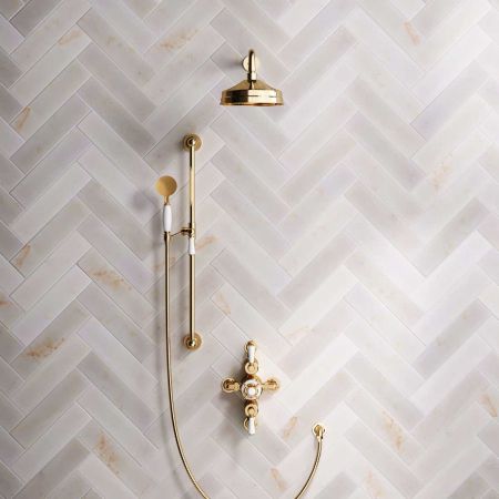 Calder Dual Outlet Shower Kit - Semi-Exposed Valve - 8 inch Rose - White Ceramic Lever - Handshower Slider-Rail - Polished Brass