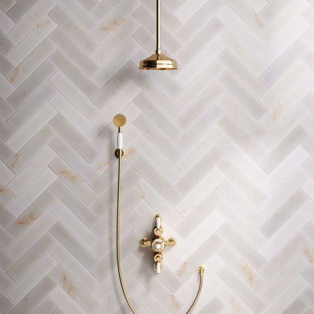 Calder Dual Outlet Shower Kit - Semi-Exposed Valve - 8 inch Rose - White Ceramic Lever - Handshower Hook - Ceiling Mounted Rose - Polished Brass