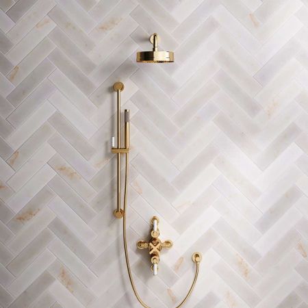 Elbe Dual Outlet Shower Kit - Semi-Exposed Valve - White Ceramic Lever - Handshower Slider-Rail - Polished Brass