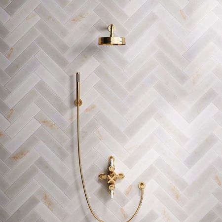 Elbe Dual Outlet Shower Kit - Semi-Exposed Valve - White Ceramic Lever - Handshower Hook - Polished Brass