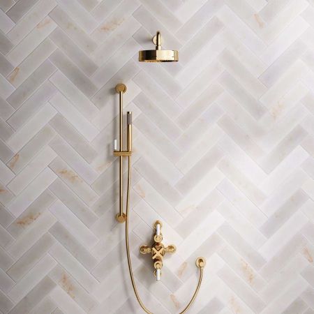 Elbe Dual Outlet Shower Kit - Semi-Exposed Valve - White Ceramic Lever - Handshower Slider-Rail - Polished Brass