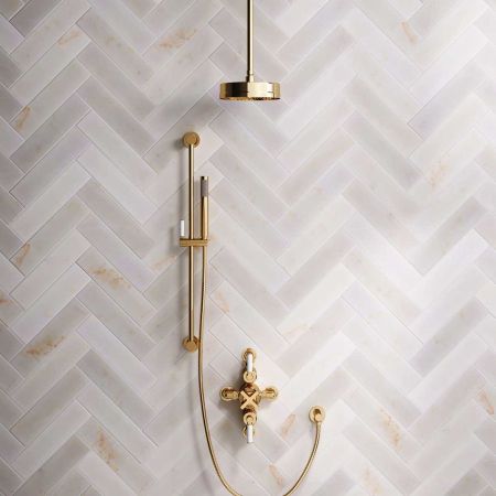 Elbe Dual Outlet Shower Kit - Semi-Exposed Valve - White Ceramic Lever - Handshower Slider-Rail - Ceiling Mounted Rose - Polished Brass