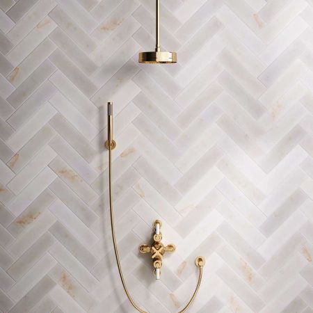 Elbe Dual Outlet Shower Kit - Semi-Exposed Valve - White Ceramic Lever - Handshower Hook - Ceiling Mounted Rose - Polished Brass