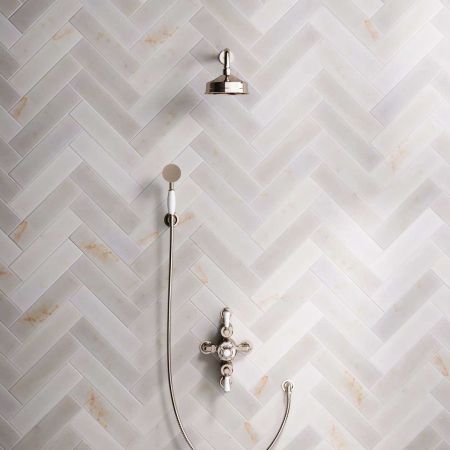 Calder Dual Outlet Shower Kit - Semi-Exposed Valve - 6 inch Rose - White Ceramic Lever - Handshower Hook - Polished Nickel