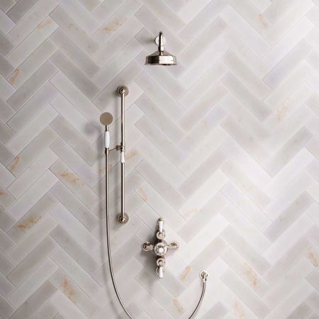 Calder Dual Outlet Shower Kit - Semi-Exposed Valve - 6 inch Rose - White Ceramic Lever - Handshower Slider-Rail - Polished Nickel