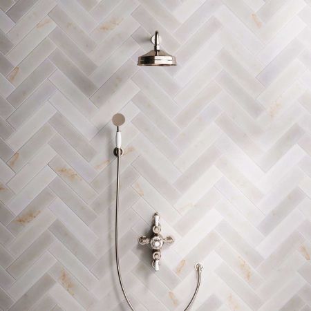 Calder Dual Outlet Shower Kit - Semi-Exposed Valve - 8 inch Rose - White Ceramic Lever - Handshower Hook - Polished Nickel