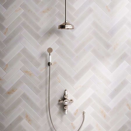 Calder Dual Outlet Shower Kit - Semi-Exposed Valve - 8 inch Rose - White Ceramic Lever - Handshower Hook - Ceiling Mounted Rose - Polished Nickel