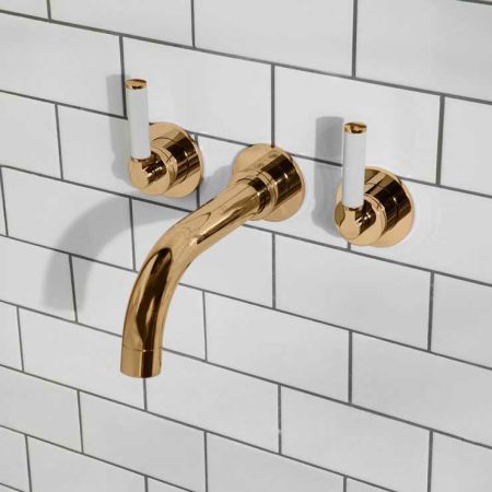 Bayor Wall Mounted 3 Hole Bath Filler - 220mm Spout - White Lever - Living Brass