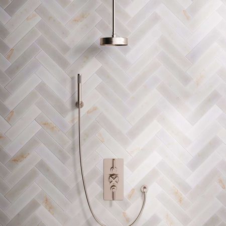 Elbe Dual Outlet Shower Kit - Concealed Valve - Brushed Nickel Lever - Handshower Hook - Ceiling Mounted Rose - Brushed Nickel