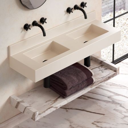 Xanti Rectangular Concrete Double Basin with Backsplash - Linen White