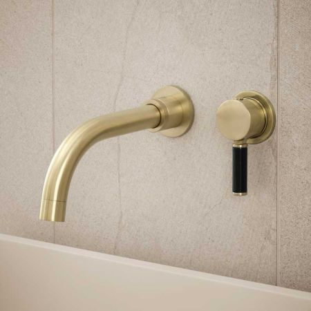 Senska - 2-Hole Basin Mixer - Wall Mounted - Black Lever - Brushed Brass