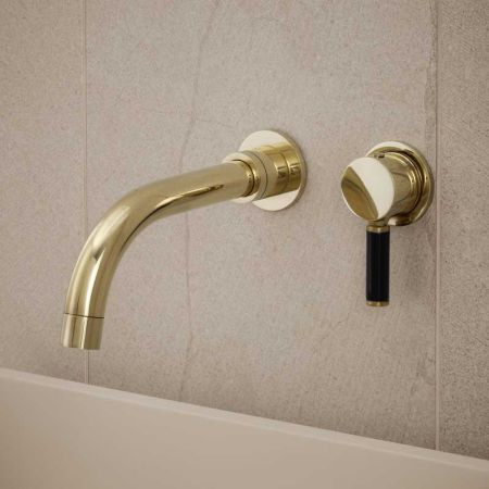 Senska - 2-Hole Basin Mixer - Wall Mounted - Black Lever - Polished Brass