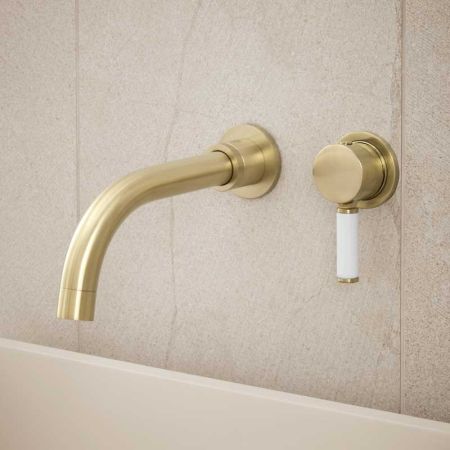 Senska - 2-Hole Basin Mixer - Wall Mounted - White Lever - Brushed Brass
