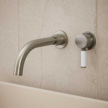 Senska - 2-Hole Basin Mixer - Wall Mounted - White Lever - Brushed Nickel