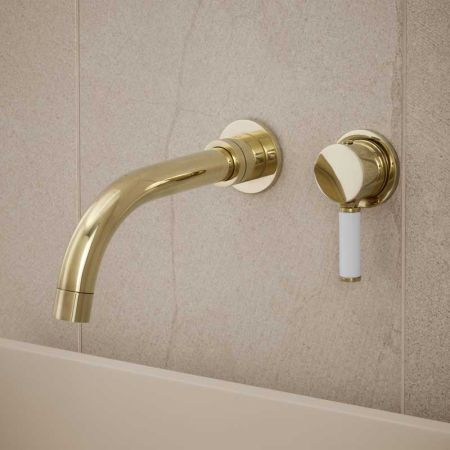 Senska - 2-Hole Basin Mixer - Wall Mounted - White Lever - Polished Brass