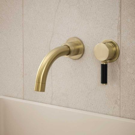 Senska - 2-Hole Basin Mixer - Wall Mounted - Black Lever - Short Spout - Brushed Brass