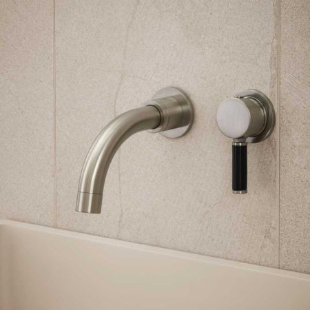 Senska - 2-Hole Basin Mixer - Wall Mounted - Black Lever - Short Spout - Brushed Nickel