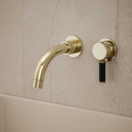 Senska - 2-Hole Basin Mixer - Wall Mounted - Black Lever - Short Spout - Polished Brass