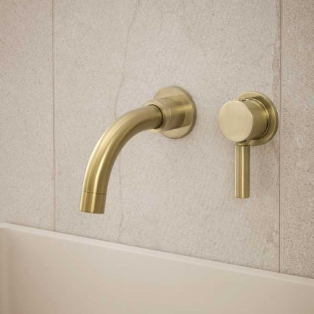 Senska - 2-Hole Basin Mixer - Wall Mounted - Metal Lever - Short Spout - Brushed Brass