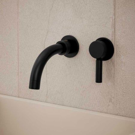 Senska - 2-Hole Basin Mixer - Wall Mounted - Metal Lever - Short Spout - Matt Black