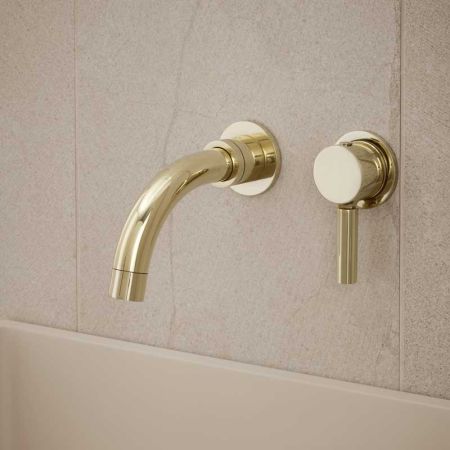 Senska - 2-Hole Basin Mixer - Wall Mounted - Metal Lever - Short Spout - Polished Brass