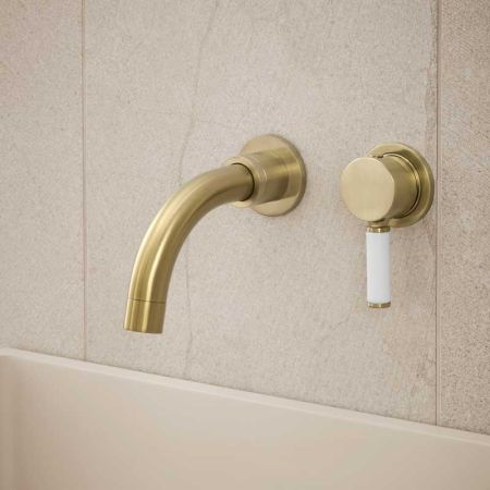 Senska - 2-Hole Basin Mixer - Wall Mounted - White Lever - Short Spout - Brushed Brass