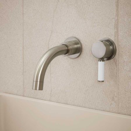 Senska - 2-Hole Basin Mixer - Wall Mounted - White Lever - Short Spout - Brushed Nickel
