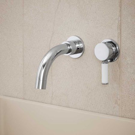 Senska - 2-Hole Basin Mixer - Wall Mounted - White Lever - Short Spout - Chrome Finish