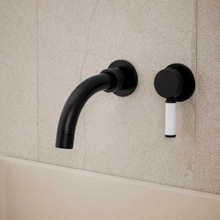Senska - 2-Hole Basin Mixer - Wall Mounted - White Lever - Short Spout - Matt Black