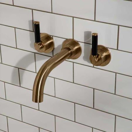 Bayor Wall Mounted 3 Hole Bath Filler - 220mm Spout - Black Lever - Brushed Brass