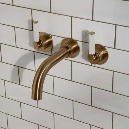 Bayor Wall Mounted 3 Hole Bath Filler - 220mm Spout - White Lever - Brushed Brass