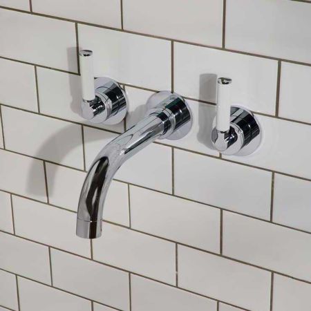 Bayor Wall Mounted 3 Hole Bath Filler - 220mm Spout - White Lever - Chrome